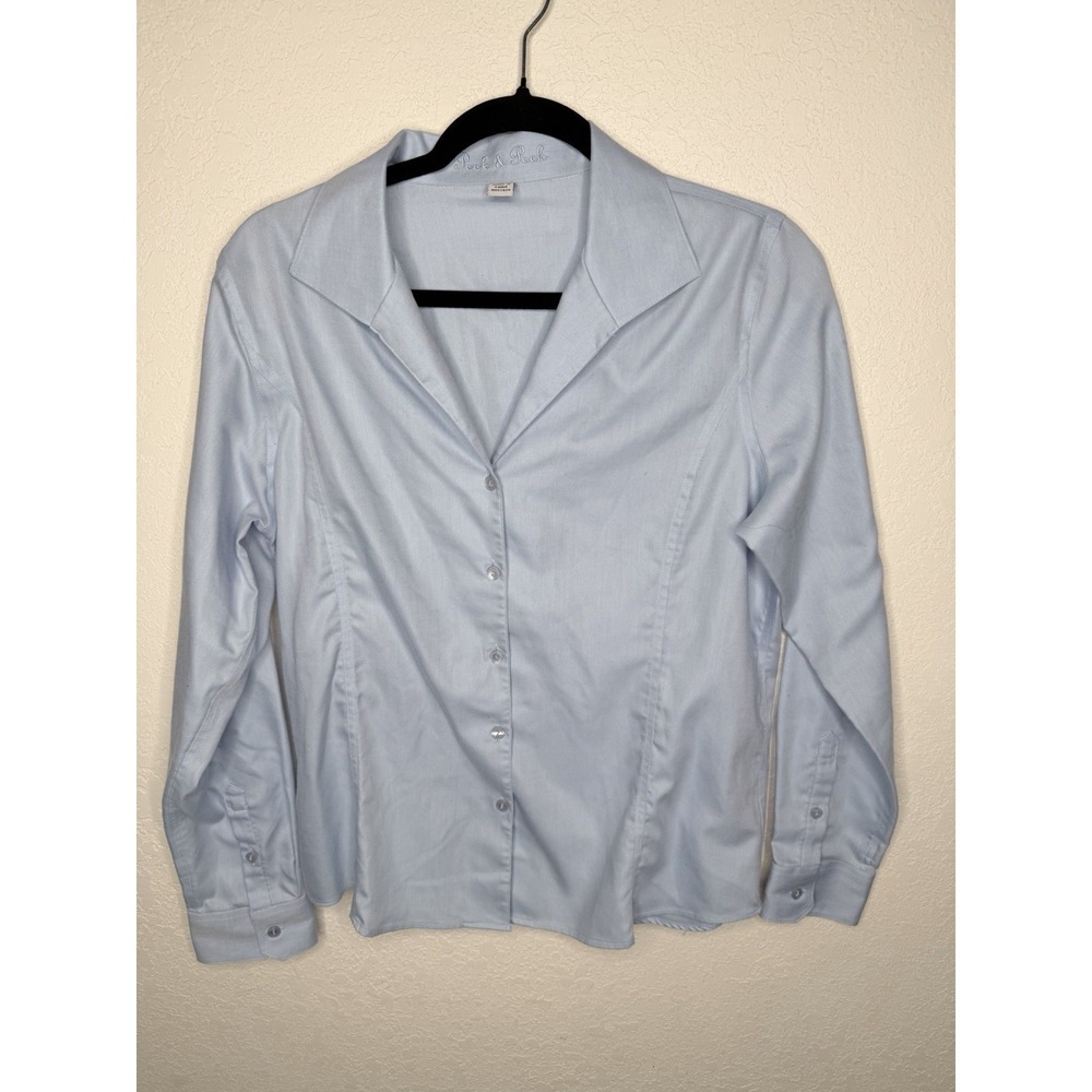 Peck & Peck Powder Blue Button Up Shirt Womens 10 Cotton Blouse Career‎ Office